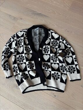 Zara Black & Cream Checked Heart and Floral Knit Cardigan